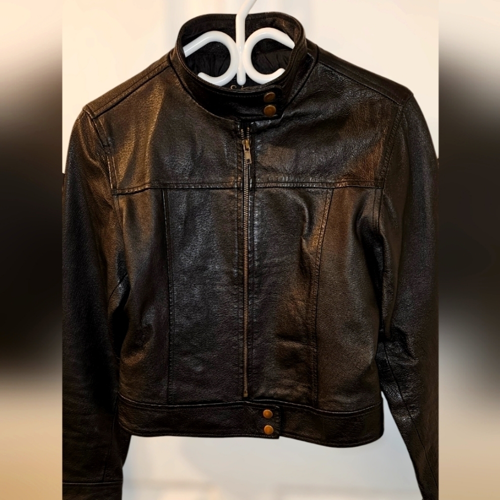 Ladies Black Leather Motorcycle Bomber Jacket Size M